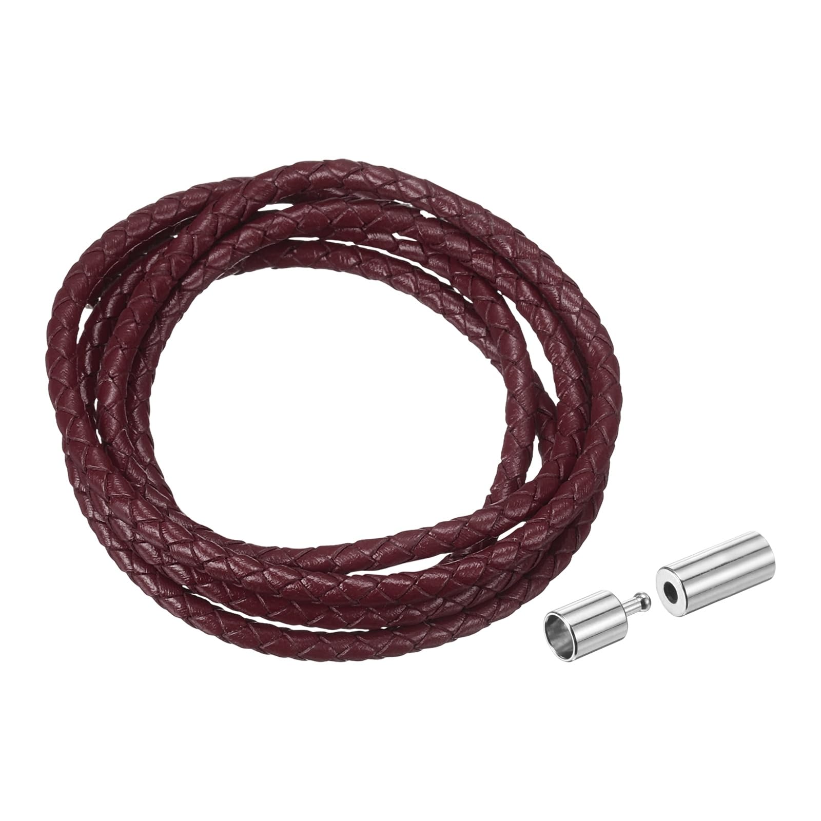sourcing map Braided Genuine Leather Cord, 4mm 1.1 Yard Round Braiding String with Buttons, Leather Bolo Tie Cord for Crafting, Jewelry Making, Bracelets, Home Decoration, Burgundy