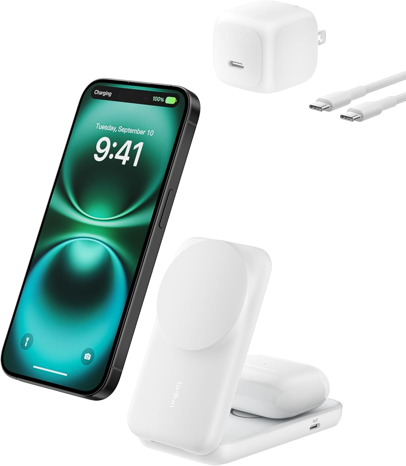 Belkin MagSafe Charger Compatible, 2-in-1 Charging Station, Qi2.2 25W Magnetic Wireless Charger Dock, Foldable Stand, with 5W USB-C Port, for iPhone 17/16/15, Pixel 10, AirPods (45W Adapter Included)