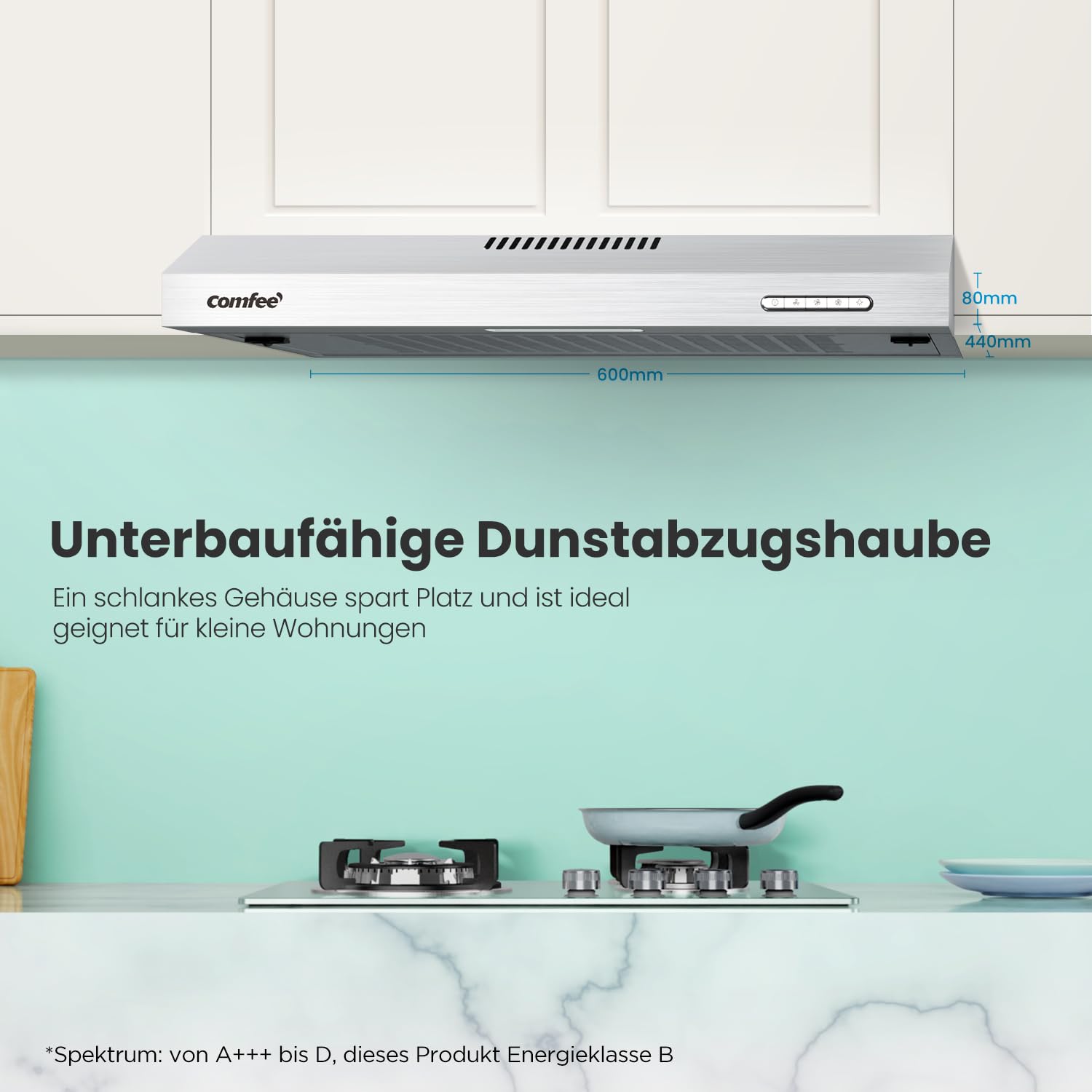COMFEE' CHU 3.6F17BS 60cm Unterbauhaube Dunstabzugshaube Edelstahl Aluminiumfilter 200m³/h 3 Stufen LED-Licht Silber