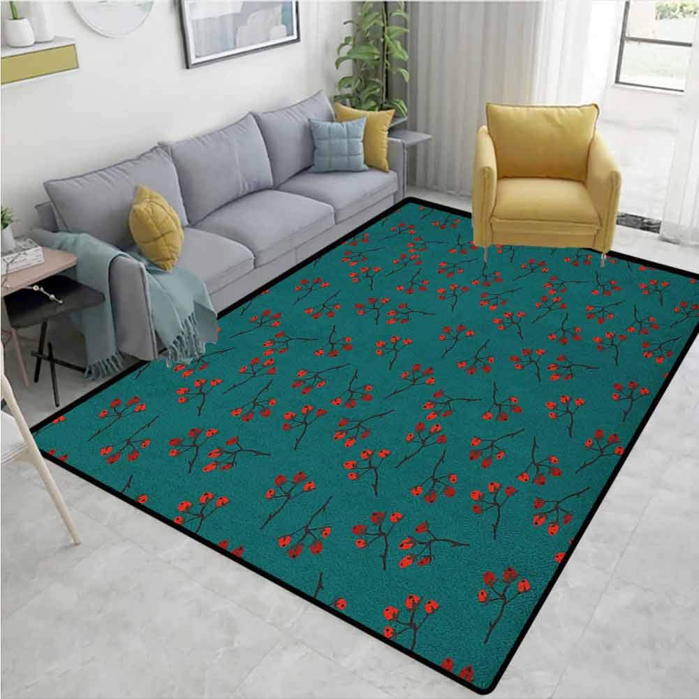 Area Rug Rugs Teal,Print,Whimsical Modern Style Berry Christmas Pattern Hand Drawn Rustic Traditional,Large Floor Mat for Living Playing Dorm Room BedroomTeal Ruby Vermilion 5'x7'