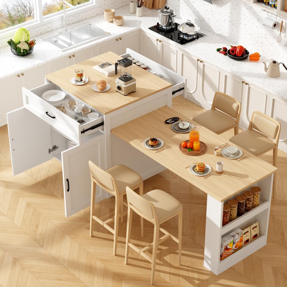 Sapgaks Table de Bar Extensible avec Espace de Rangement (133-202 × 70 × 93,5 cm),Table à Manger Extensible,îlot de Cuisine pour 2 à 6 Personnes, Chariot de Cuisine avec étagères latérales, Blanc