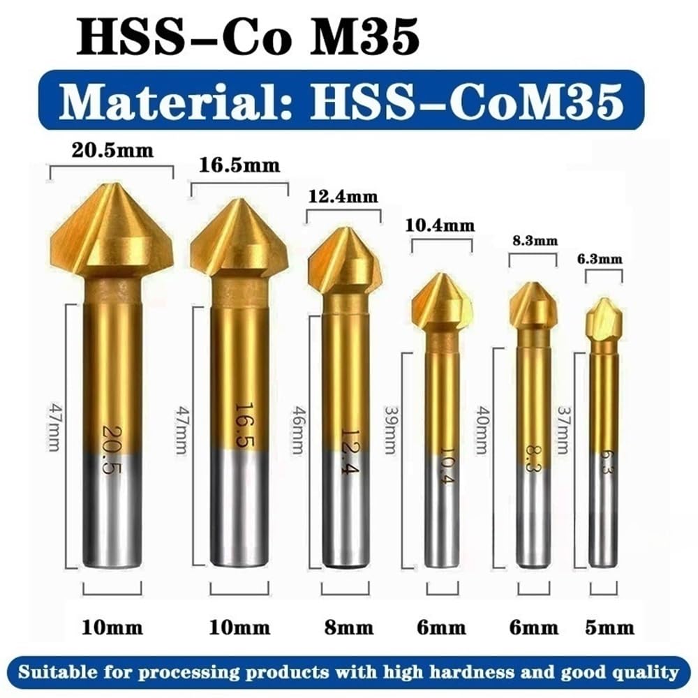 Herramienta para trabajar metales 6 fresas de biselado HSS/HSS-coat 90 grados, fresa 3 flautas, herramientas broca avellanada(Silver)