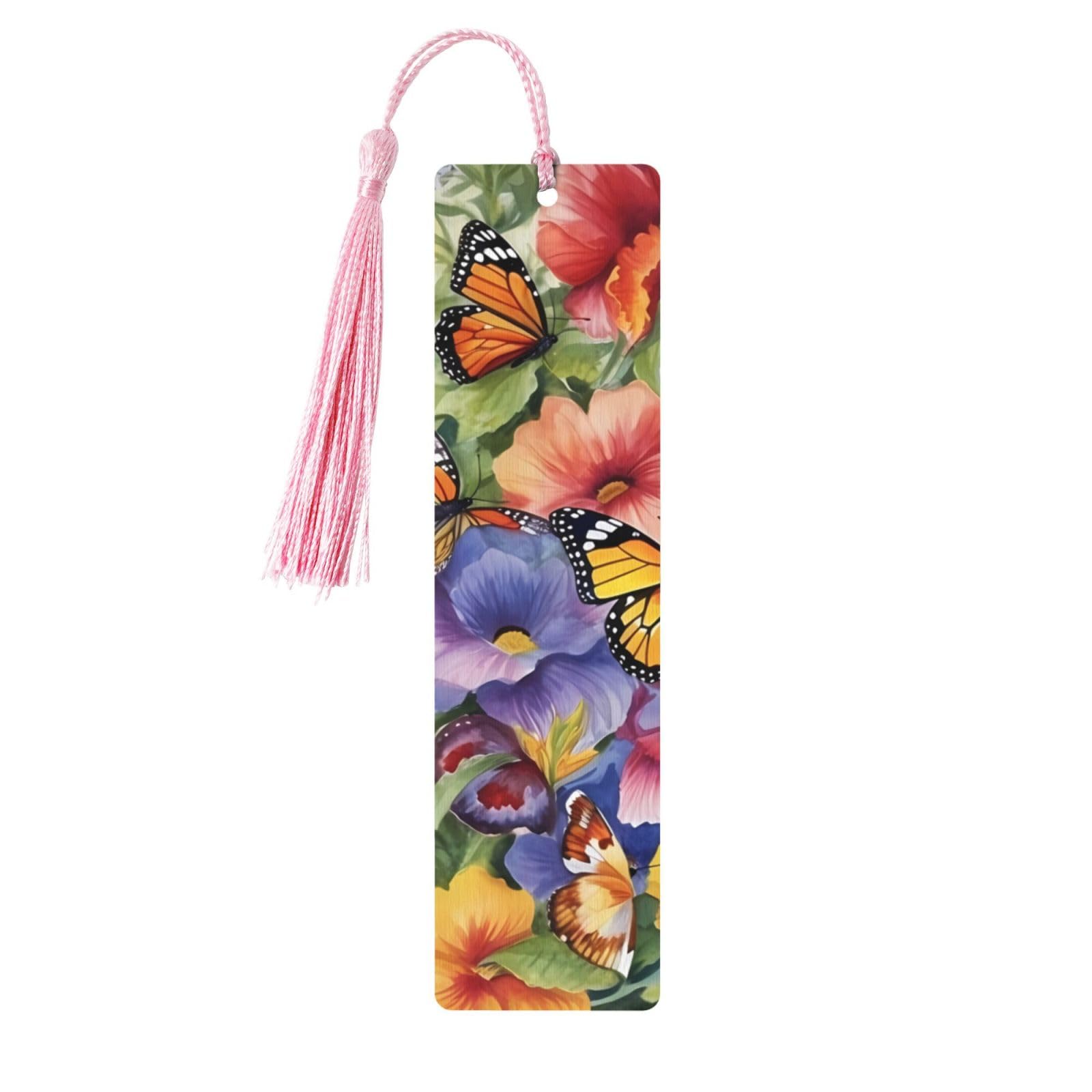 Colorful Butterflies Double-Sided Print Colorful Butterflies Bookmarks Wooden Book Marks with Pink Tassel, Flowers Floral Lightweight Page Markers Reading Accessories