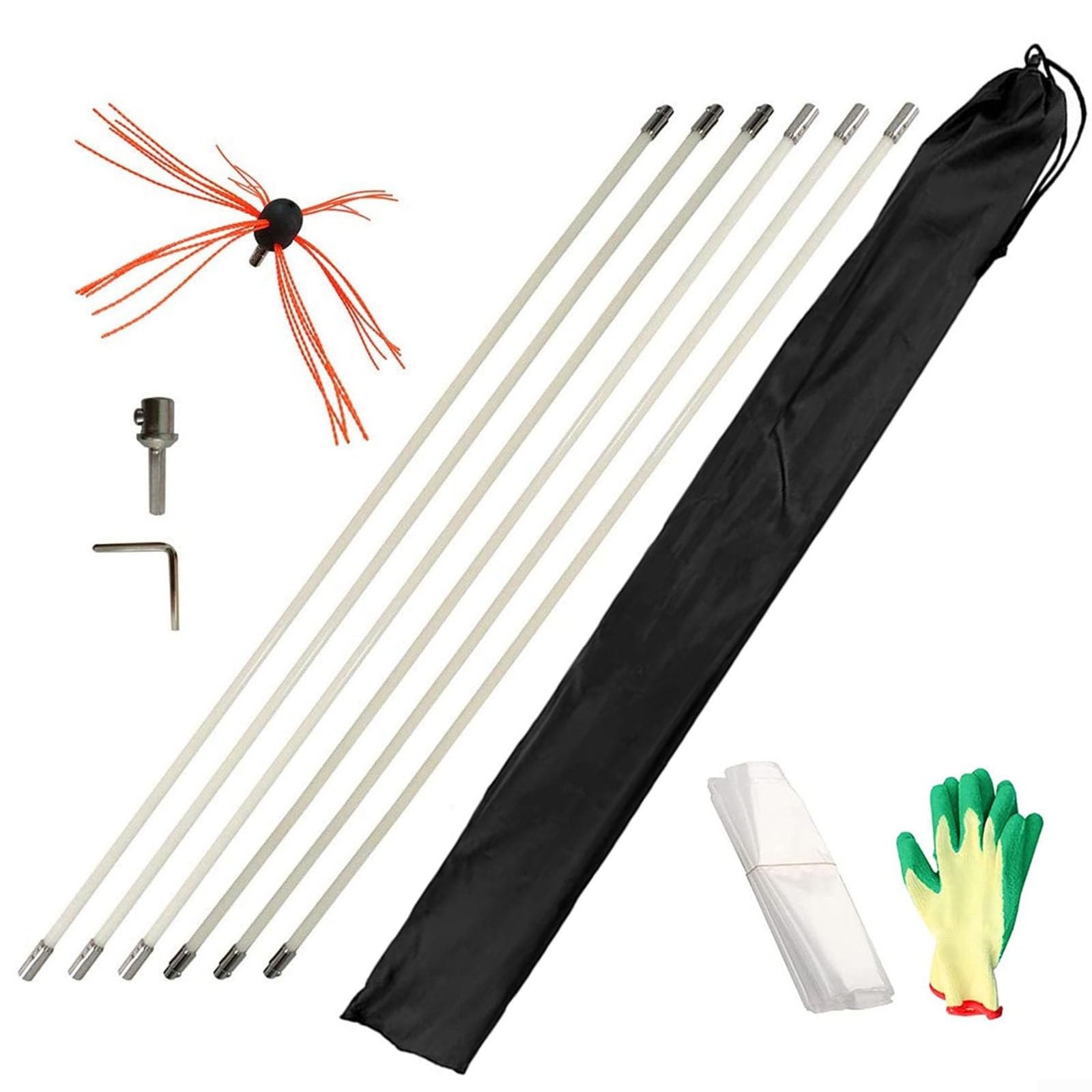 Set di spazzole per spazzare con Asta in Nylon Rinforzato, Spazzola per Tubi, Spazzola per Camino, Lunghezza 4/6/8 m, Kit per spazzacamino (6 m) ()