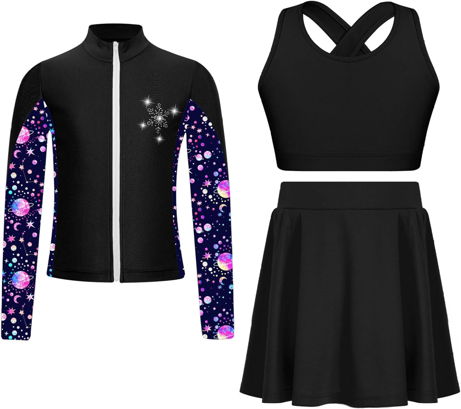 Girls Ice Skating Training Suit Kids Gym Training Clothes Skating Jacket Crop Top with Skirt Set Black 14 Years