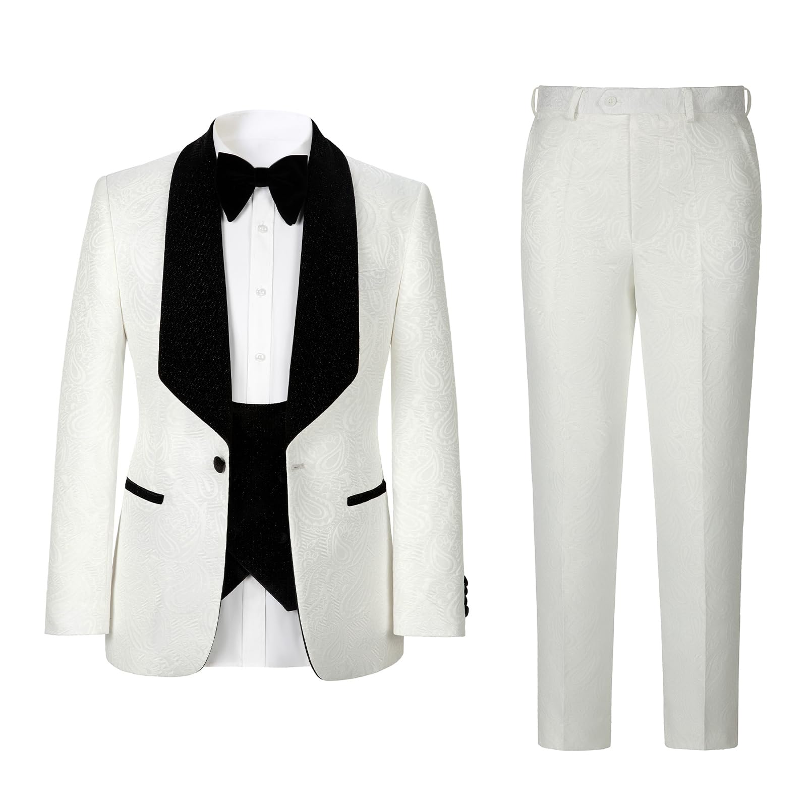 Men's Slim Fit Tuxedo, Shiny Velvet Shawl Collar 3 Piece Suit, Party Jacket Vest Pants & Bow Tie Set