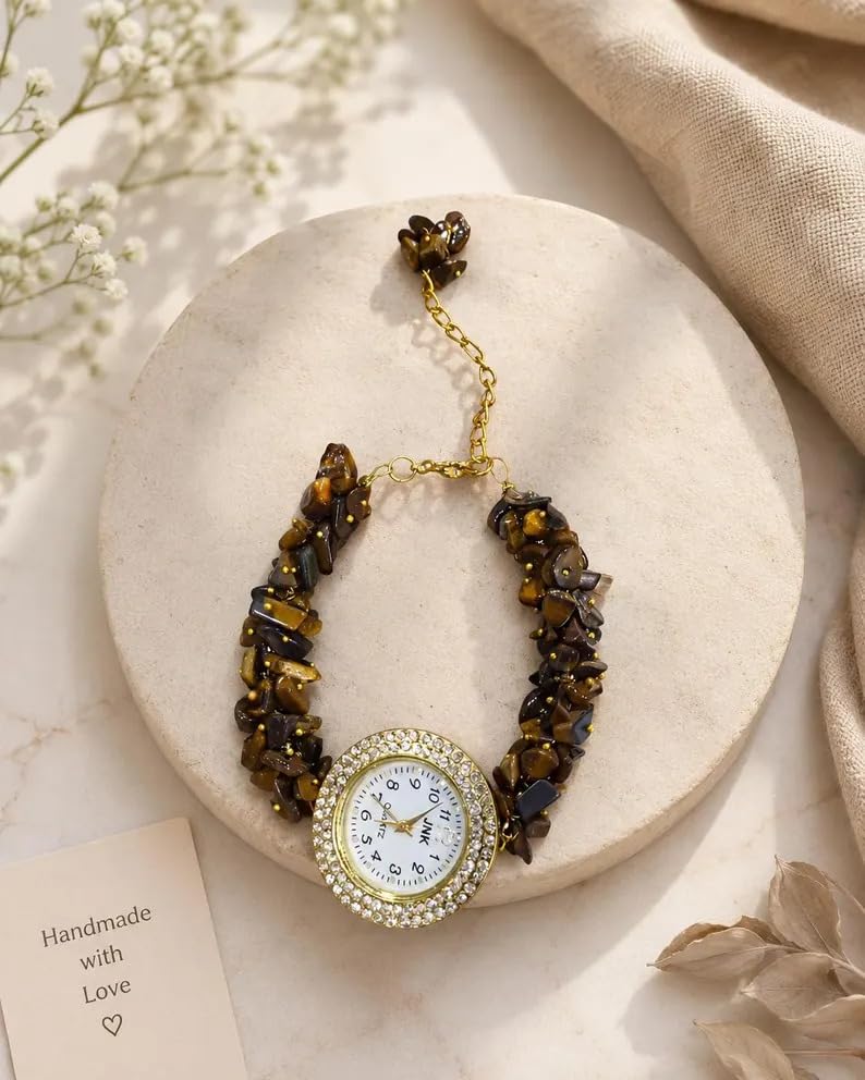 Image of ARKN Crystal Bracelet Watch for Women | Natural Gemstone Beaded Wrist Watch | Gold-Tone Dial with Rhinestone Bezel | Adjustable Fashion Jewellery Gift for Women & Girls