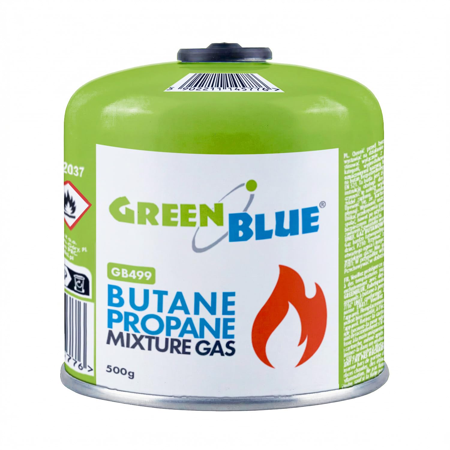 GreenBlue GB499 - Cartuccia gas 500 g (propano/butano) EN417, filettatura 7-16, sistema di sicurezza Gas Stop riutilizzabile, per fornelli da campeggio, bruciatori da esterno