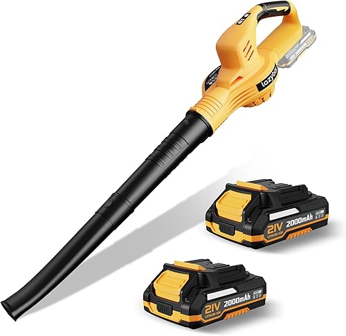 Soplador de hojas inalámbrico con 2 baterías y cargador, soplador de hojas eléctrico de mano de 150 MPH con 2 modos de velocidad 21 V 2.0 Ah