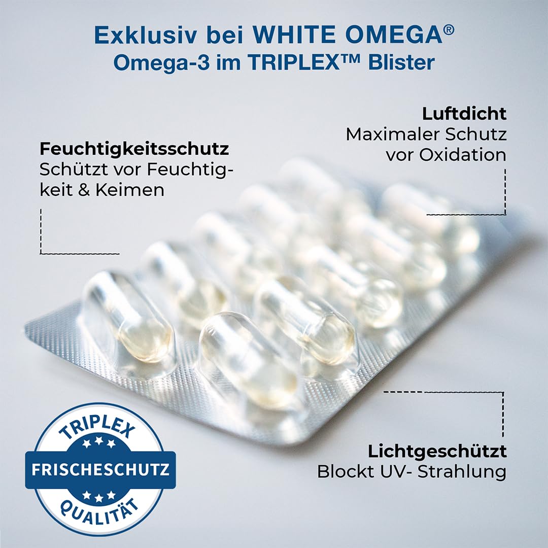 Omega 3 Kapseln hochdosiert - Vergleichssieger 2026 - nur 1 Kapsel täglich - 400mg EPA + 300mg DHA - ohne Aufstoßen - hochreines Fischöl in Triglycerid-Form, laborgeprüft - White Omega PLUS
