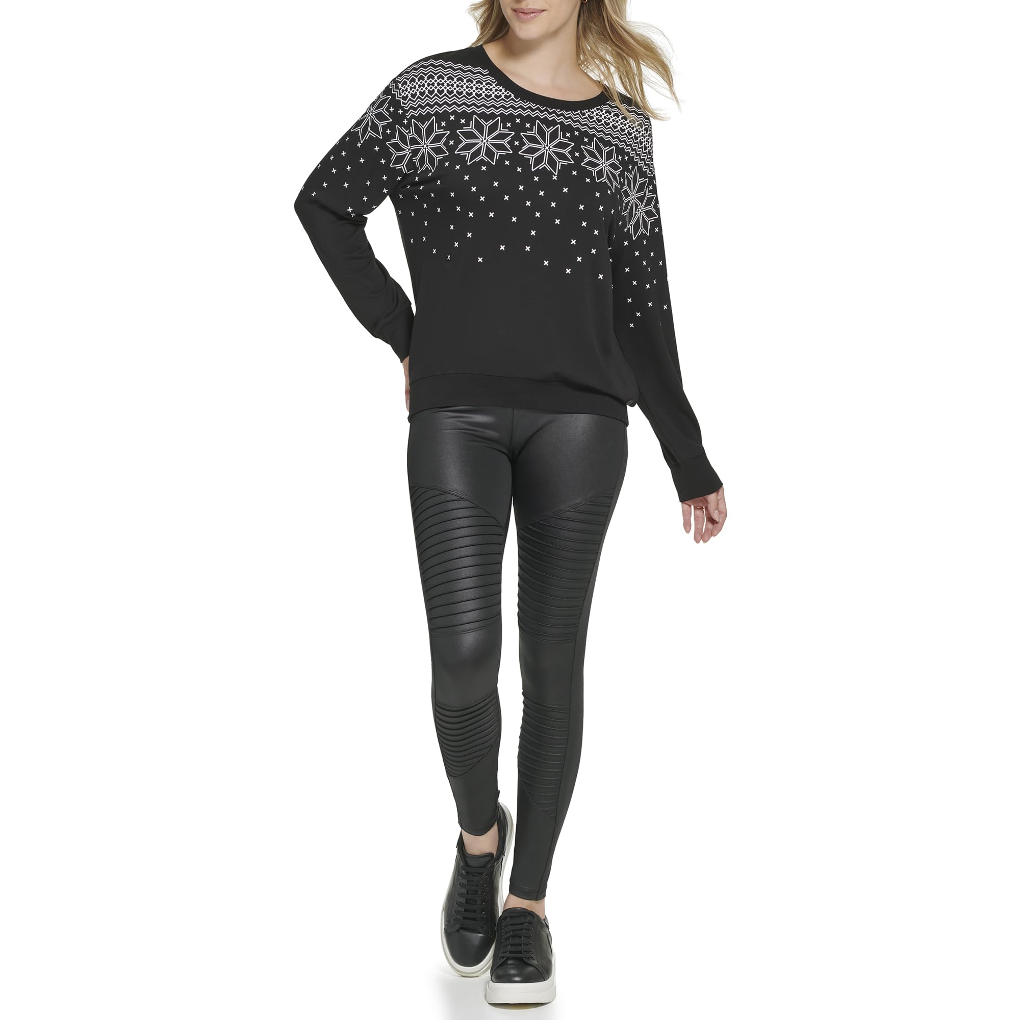 Andrew Marc Women's Long Sleeve Crewneck Patterned Top