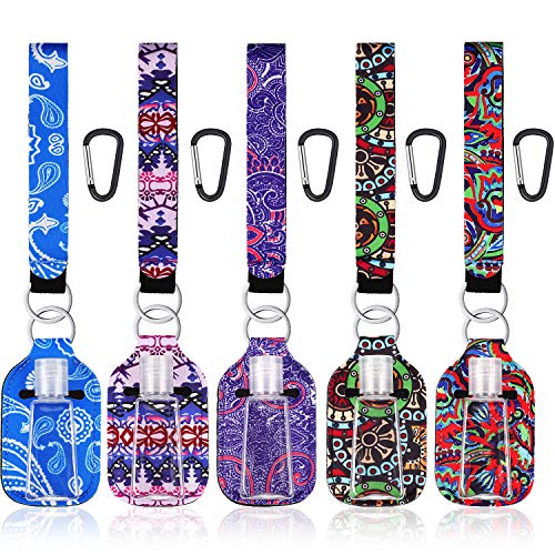 6 Sets Travel Bottle Keychain Holder with 1 Ounce Empty Refillable Flip Cap Bottle Leak-proof Clear Bottle Portable Bottle Container, Wristlet Keychain Lanyard, Keychain Clip for Soap, Lotion, Liquid