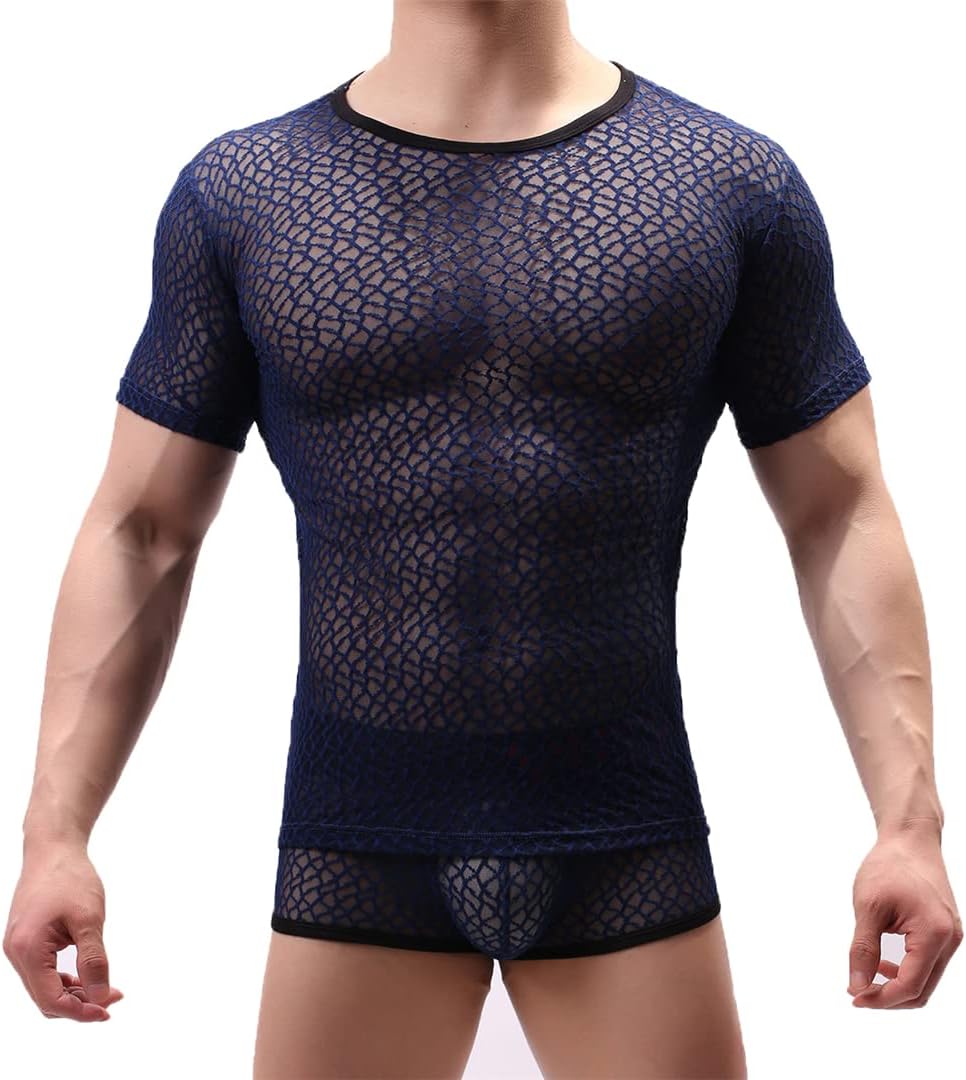 Zadaos Men See Through Wrestling Singlet Mesh T-Shirt Underwear Sheer Wear Transparent Fishnet Top Boxer Set