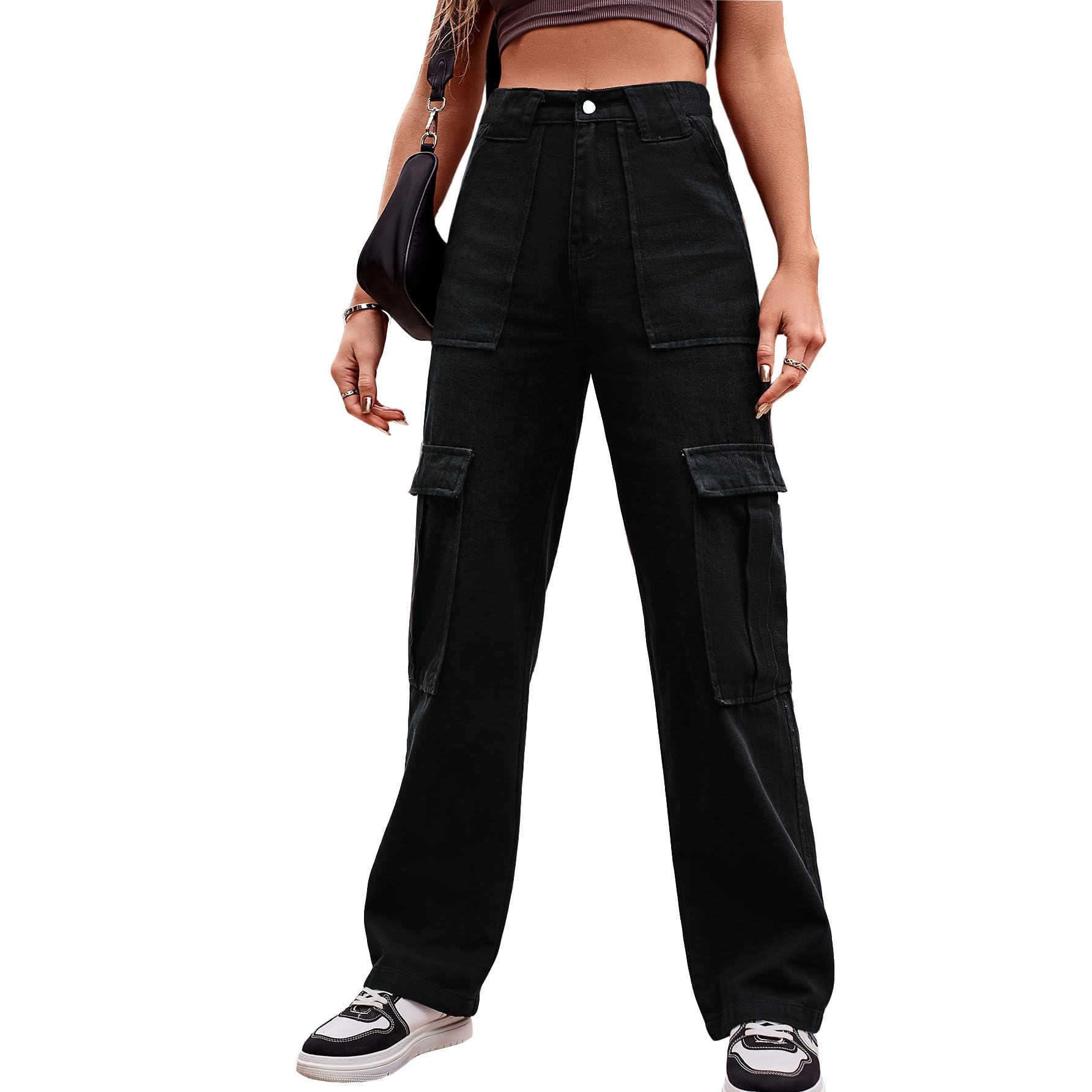 THWEI Cargo Pants for Women High Waisted Casual Baggy Stretchy Wide Leg Y2K Streetwear with 6 Pockets