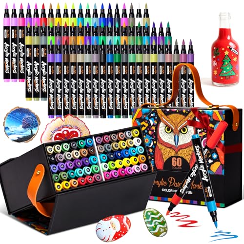 Image of Aen Art 60 Colors Brush Tip Acrylic Markers, Water-Based Acrylic Paint Pens for Glass, Stone, Fabric, Ceramic, Wood, Canvas, Rock Painting, Card Making and DIY Crafts