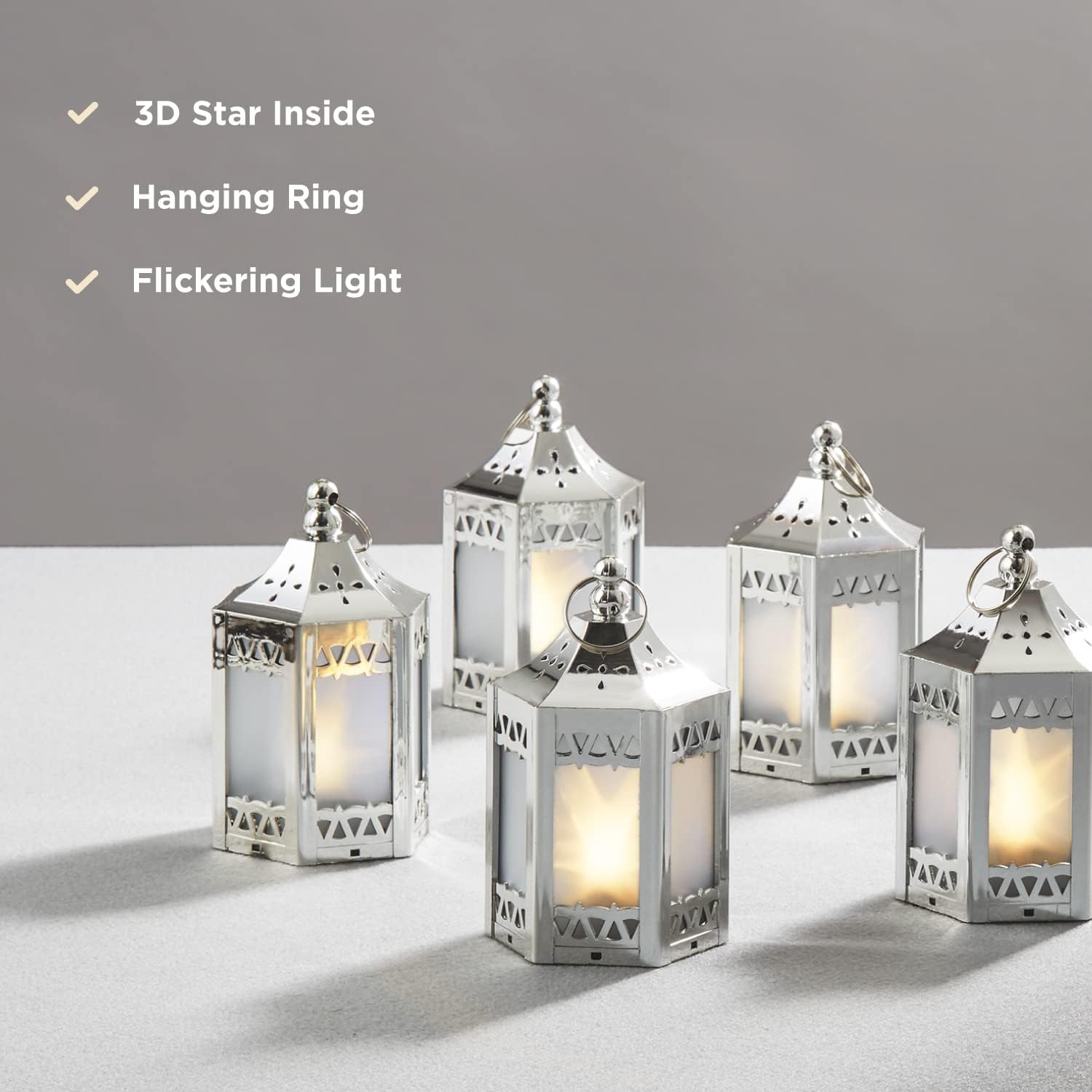 Silver Mini Lanterns with LED Star - 4.5 Inch Tall, Warm White 3D Holographic Star Light, Eid & Ramadan Decorations or Winter Wedding Centerpiece, Batteries Included - Set of 6