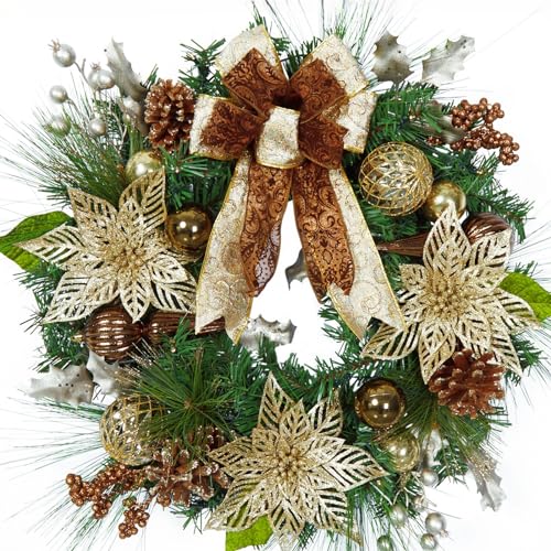 24 Inch Christmas Wreath with Lights, Battery Operated Outdoor Christmas Wreath for Front Door with 20 LED Lights Timer Gold Ball Ornaments Pine Cones and Bow for Home Holiday Decor