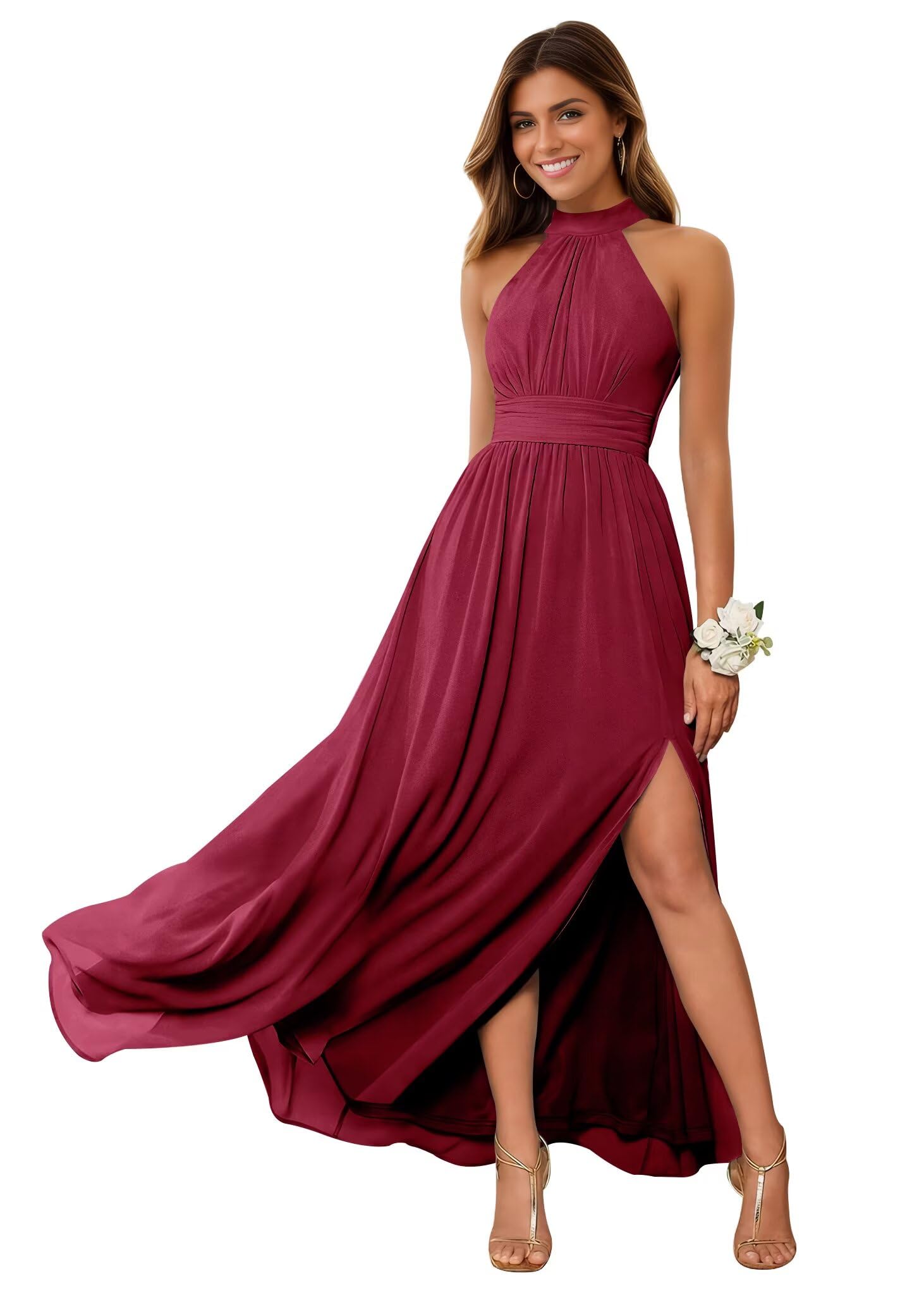 Halter Bridesmaid Dresses with Slit Chiffon Formal A Line Evening Gown for Women Long 2025 Flowy JA0095