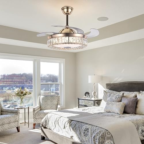 Miniatura 6 de Fandian Ventilador de techo inteligente de cristal de 42 pulgadas con control remoto de luz retráctil con color de iluminación regulable RGB,