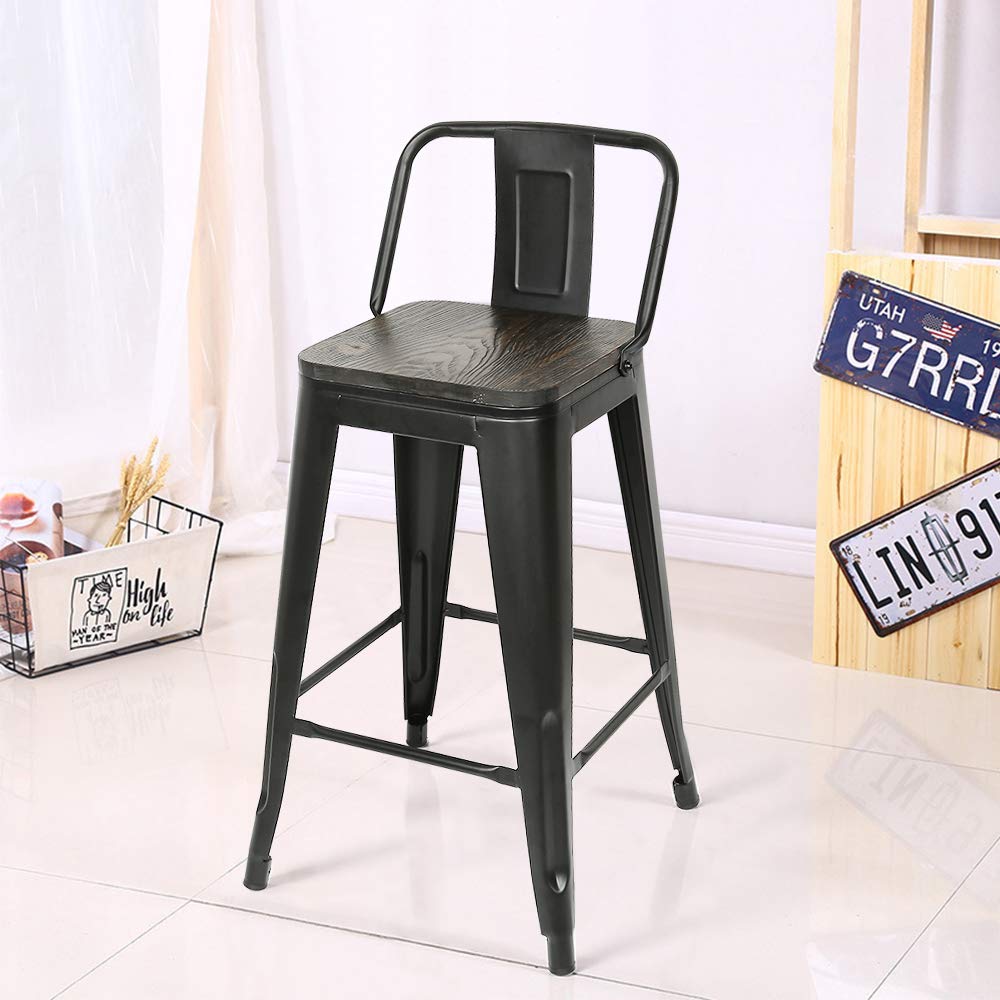 Lot de 4 Tabouret de Bar Metal,Tabouret Haut Industriel 84cm de Hauteur Assise avec Dossier et siège en Bois,pour Cuisine Bistrot Salle à Manger Intérieur et Extérieur,4 pièces (84 x 42 x 42 cm)