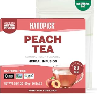 HANDPICK, Peach Tea Bags (80 Count) Non-GMO, Caffeine-Free - Peach, Hibiscus, Cinnamon, Cloves, Ginger | Floral & Refreshing Herbal Tea Bags, Brew Iced Tea or Hot Tea