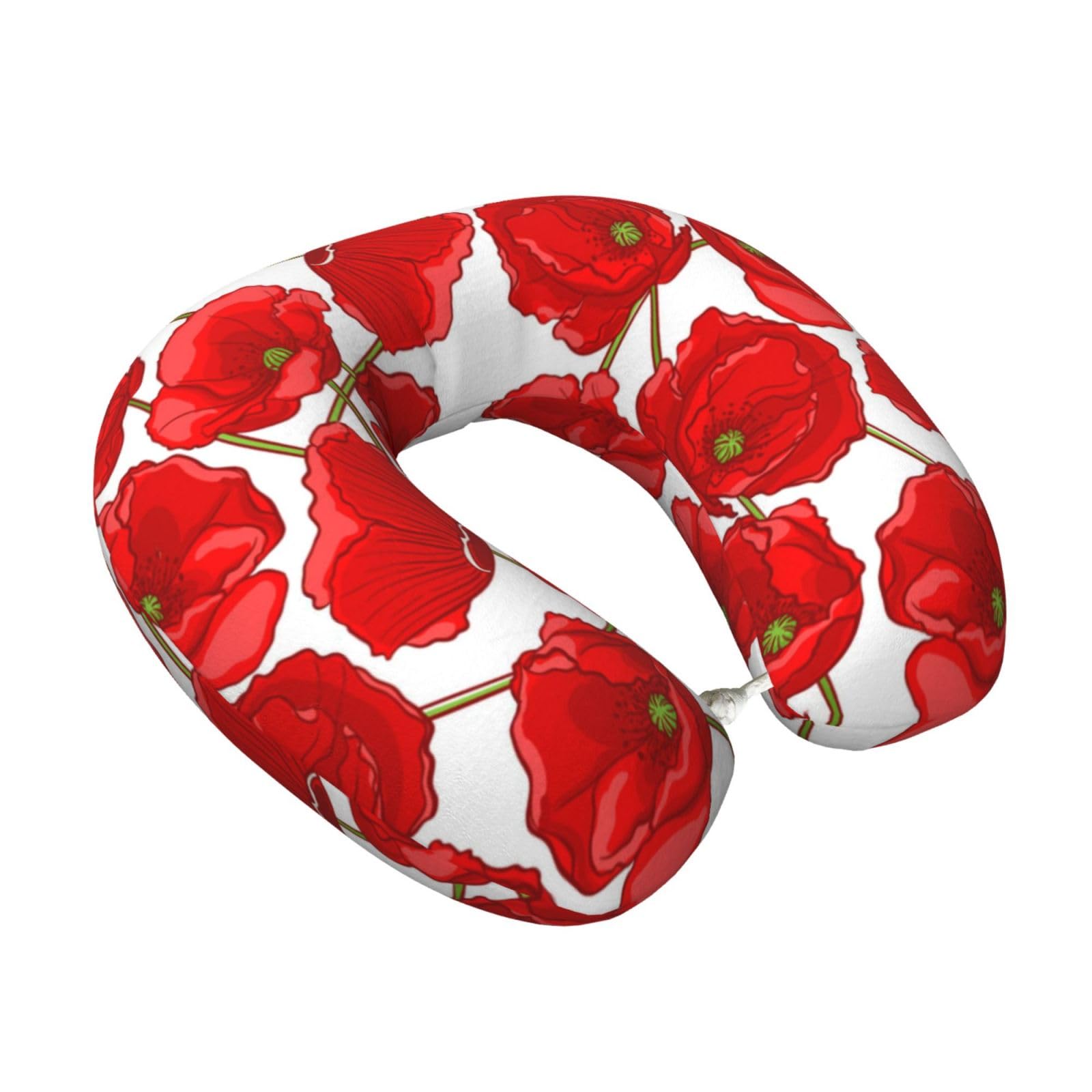 LKYMOH Red Poppies, Travel Neck Pillow U-Shaped Memory Neck Support Soft Comfortable With Washable Cover For Airplane Car Traveling and Office