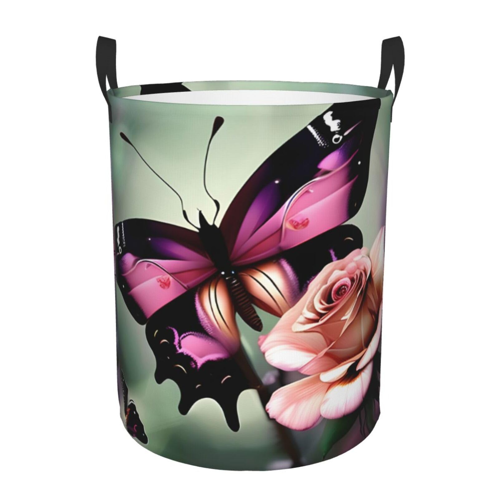 M Collapsible Laundry Hamper Round Flower Rose Butterfly Print Storage