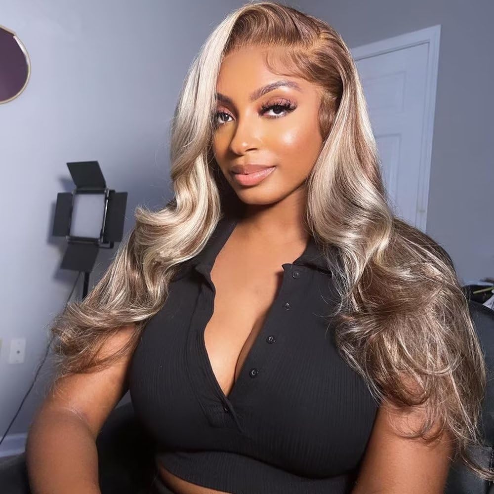 Brazilain Original HD Blonde Highlight P18 613 Body Wave Lace Front Human Hair Wigs Glueless 13X4 Lace Frontal Wig Highlight White Blonde Wig For Women Brown Blonde Human Hair Wig Pre Plucked 24Inch