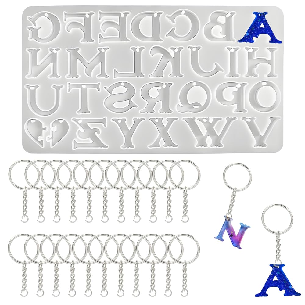 ZGIOPGEIN 21 PCS Silicone Alphabet Resin Moulds Kit Letter Epoxy Resin Moulds with Hanging Hole Reusable Silicone Pendant Mould Resins Keyring Making Kit for DIY Keychain Jewellery Making