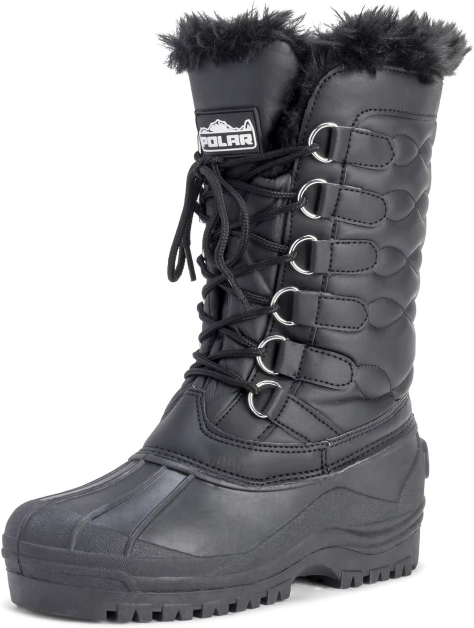 PolarWomens Nylon Waterproof Weather Outdoor Snow Duck Winter Rain Cuff Lace Boot - Black - UK7/EU40 - YC0332