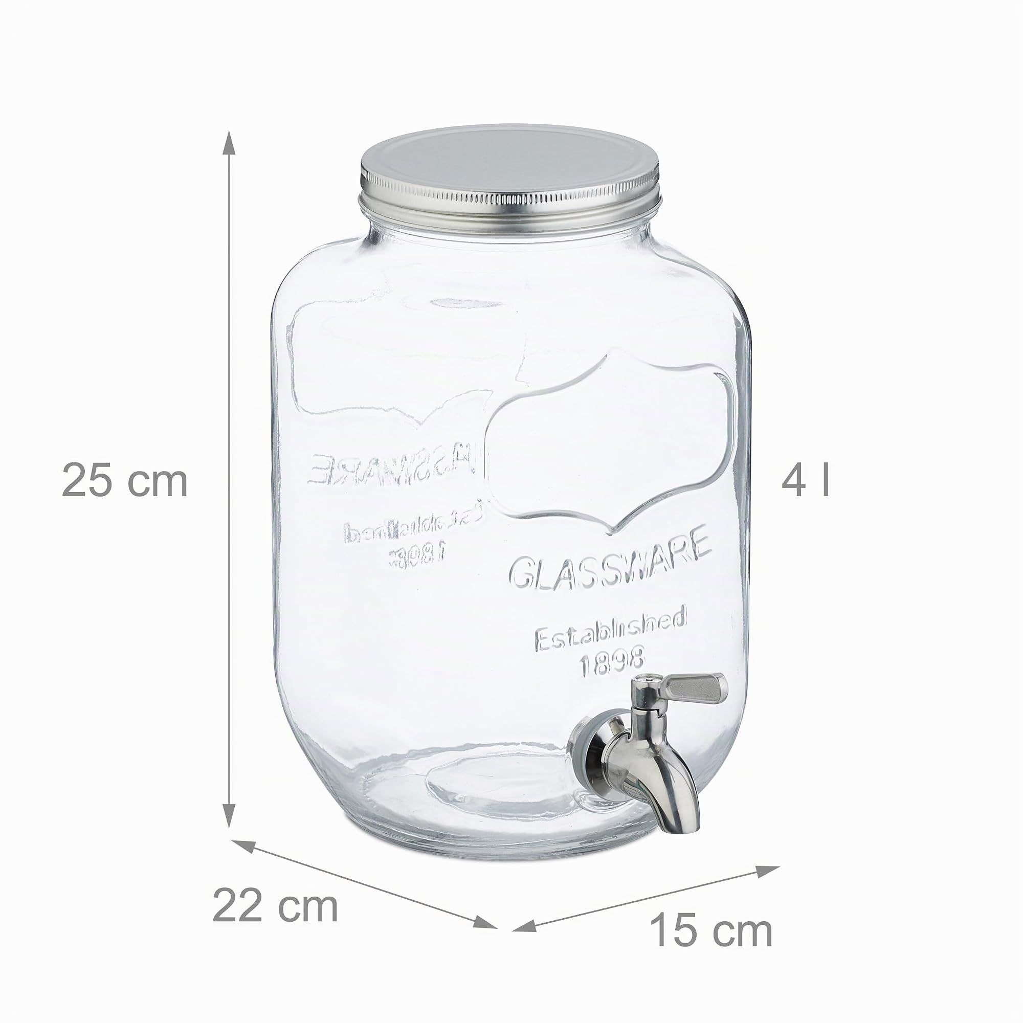 Relaxdays Set 2 Dispensadores de Bebidas, Recipiente Limonada 4L, Grifo y Tapa, Cristal y Acero Inoxidable, Transparente