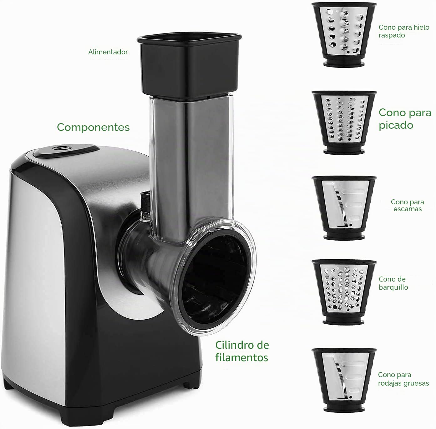 COOCHEER Rallador Eléctrico de Verduras y Fruta, Cortador Verduras 150W, Rallador Eléctrico con 5 Accesorios de Acero Inoxidable Cilindros, Sin BPA