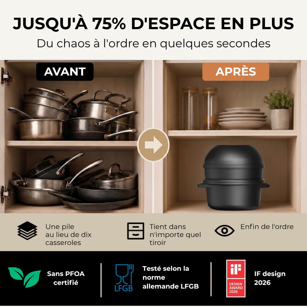 Pro 12 Pièces Batterie de cuisine, Casserole Induction, Casseroles et Poêles à Poignée Amovible, Empilable et Compact, Revêtement Antiadhésif, pour Vitrocéramique, Nettoyage Facile