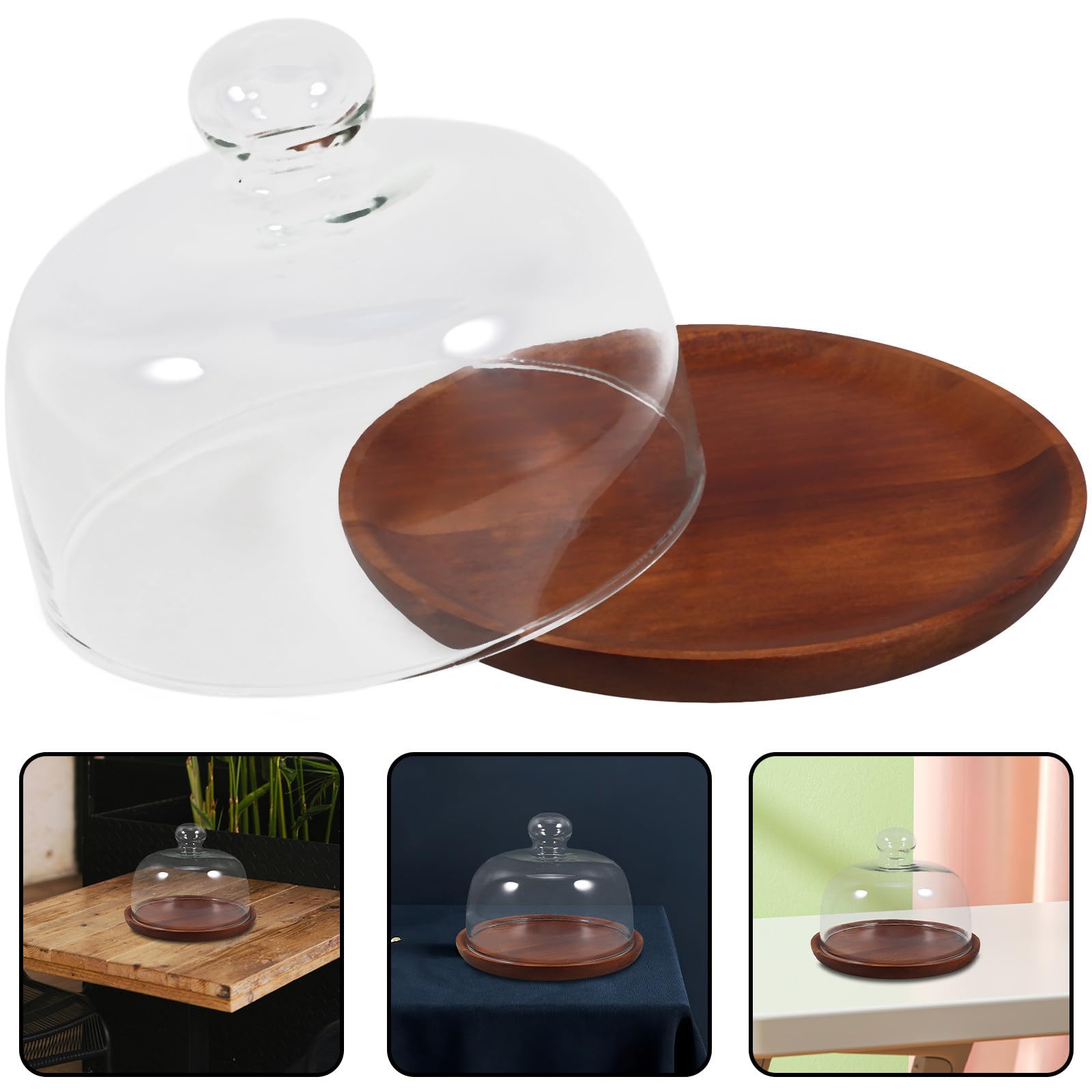 VOSAREA Soporte para Pasteles y Cupcakes de Madera Cúpula de Vidrio, Bandeja Elegante para Exhibir Postres en Eventos y Escritorio, Diseño Delicado y Funcional