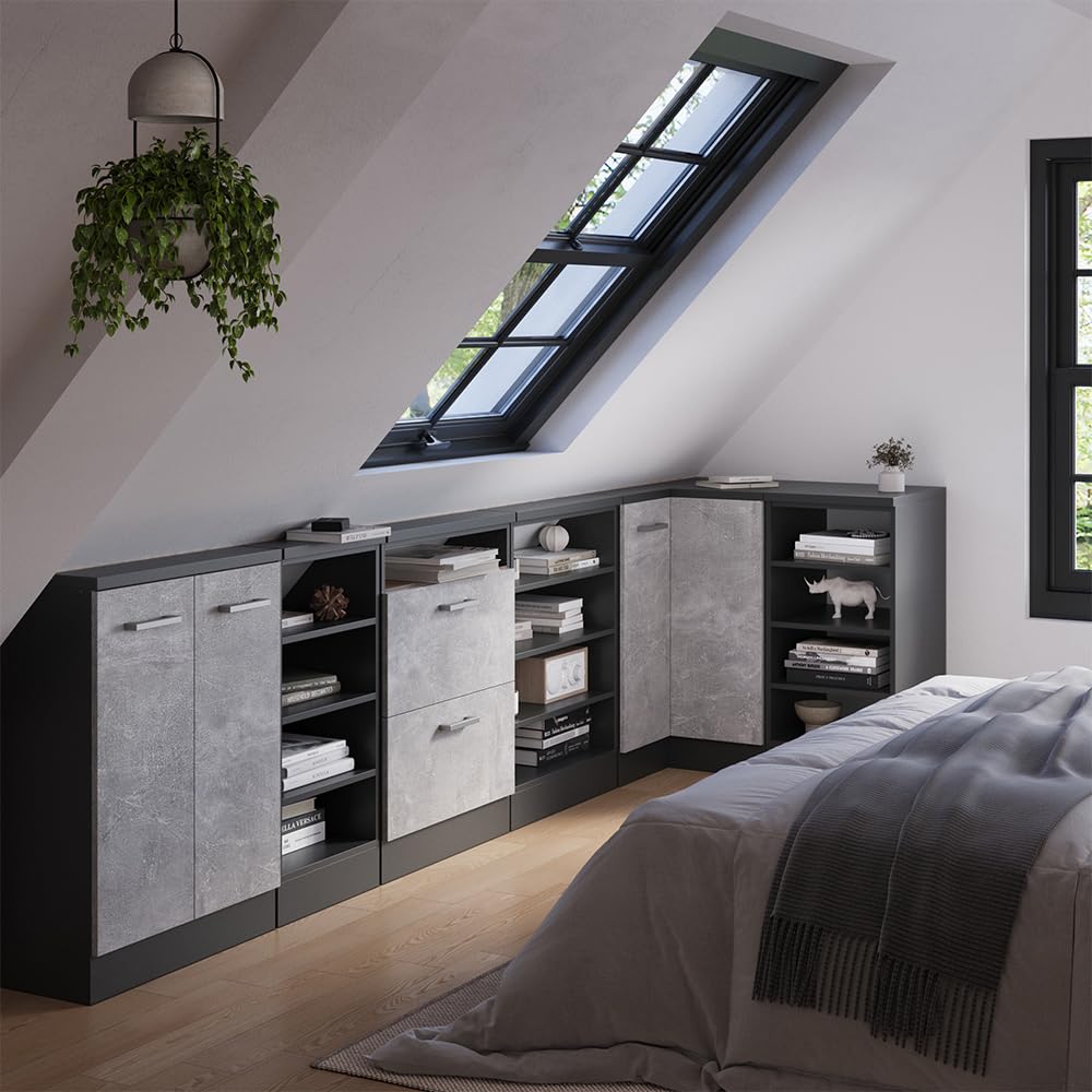 Vicco Meuble de Rangement sous Pente Rion, Anthracite/Anthracite, L80 x P46 cm avec 4 Compartiments, Gain de Place pour Les pièces mansardées