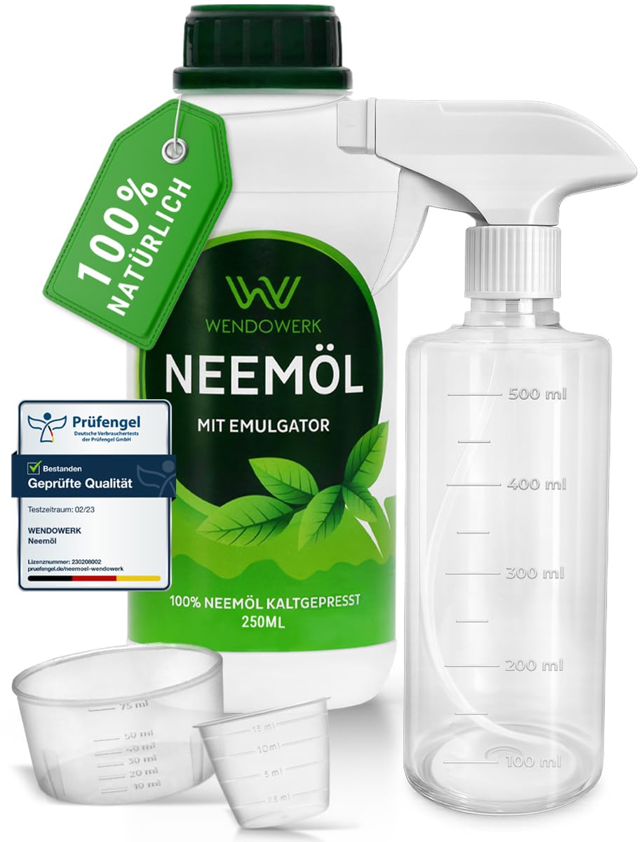WENDOWERK® Neemöl [250ml] - Inkl. Sprühflasche und Messbecher - Neemöl mit Emulgator zur direkten Anwendung - Niemöl zur natürlichen Pflanzenpflege für Indoor und Outdoor