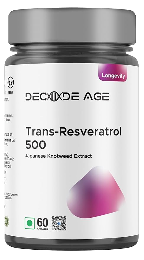 Decode Age 99.5% Pure Trans Resveratrol 500mg Supplement Slow down Aging | Anti-Inflammatory| Improves Metabolism and Heart health tablets (60 Veg Capsules)