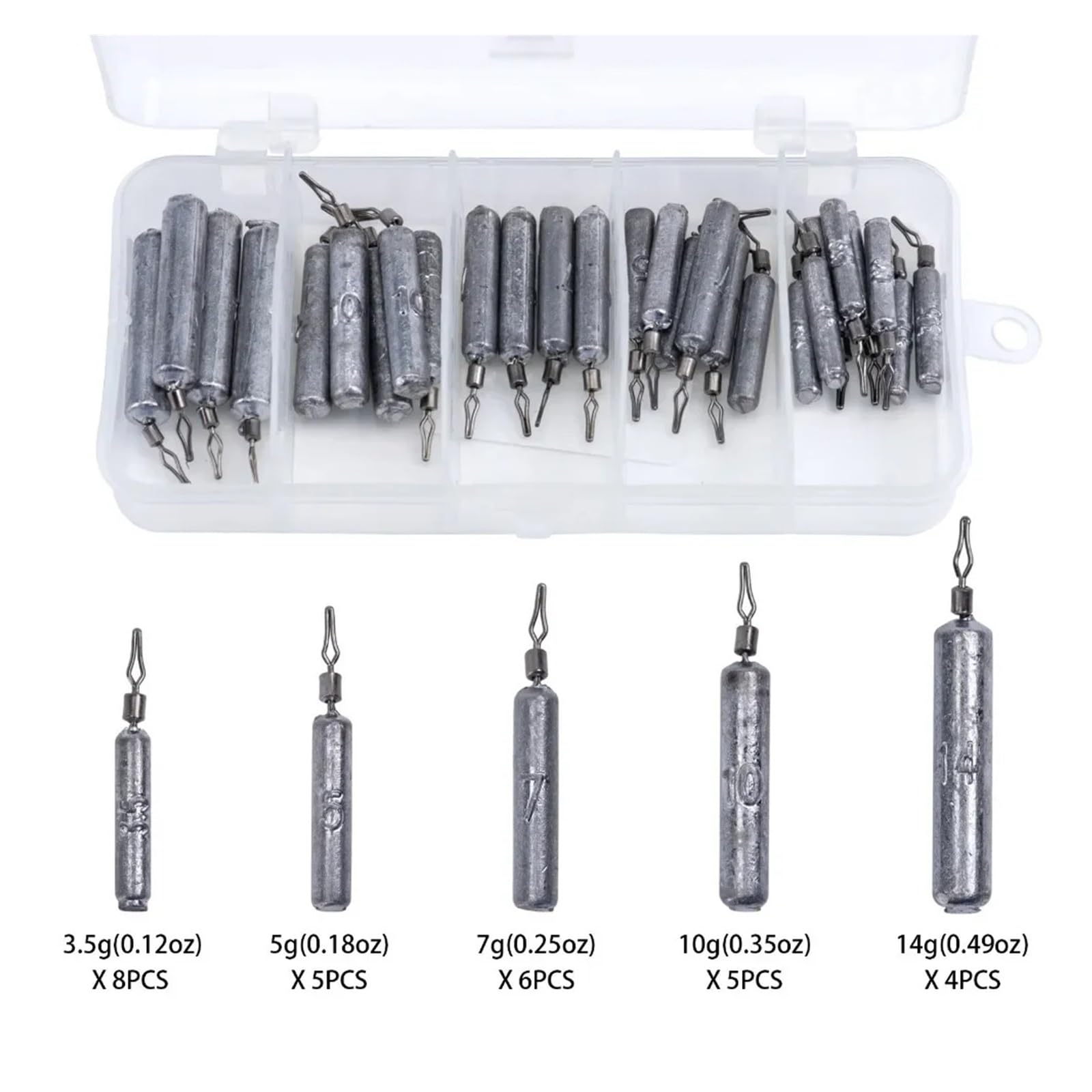 28-teiliges Angelblei-Set (3,5 g, 7, 10, 14 g) for Drop-Shot-Montagen, inklusive Box