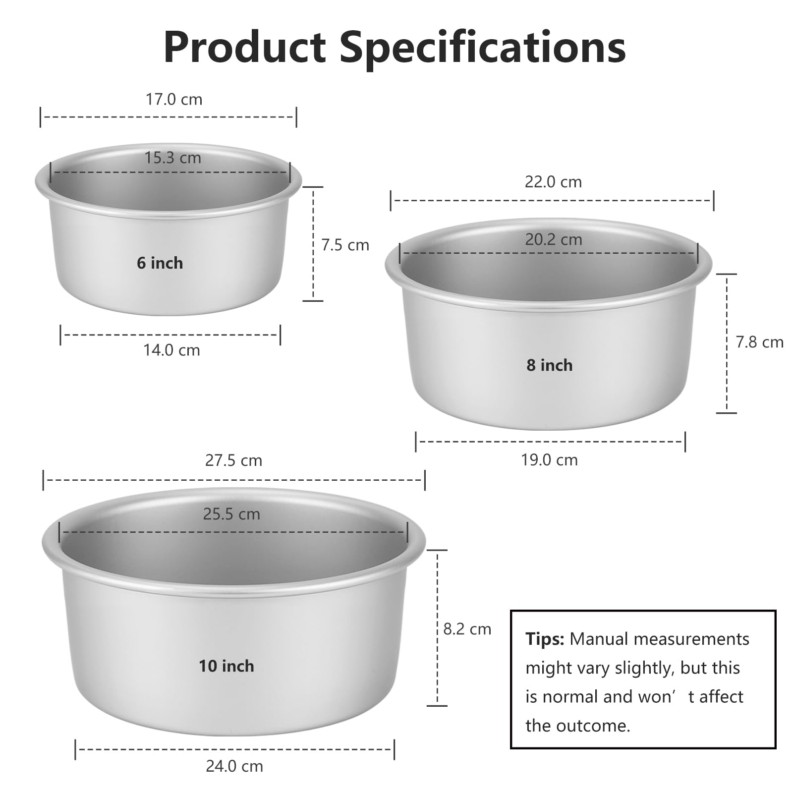 Kuchenform Rund 3-Teil-Set (Ø 15/20/26 cm), hochwertige Backform aus eloxiertem Aluminium mit abnehmbarem Boden, ideal für Kuchen und Torten, silber