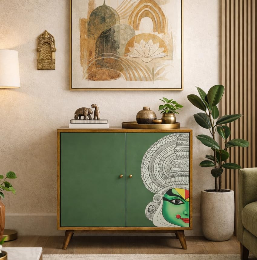 Kraft Bazaar Solid Wood Kathakali Sideboard & Cabinet | Multipurpose Sideboard | Premium Storage Sideboard | Finish – Green & Light Brown