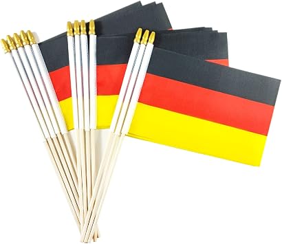 Newperlite Germany Stick Flag German Small Mini Hand Held Flags - Solid Wooden Pole and Spear Top,12 Pack, 5x8 Inches