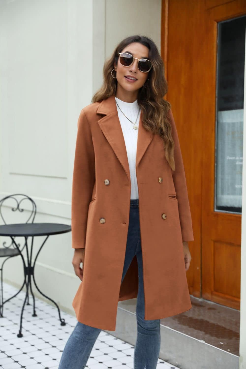 Cicy Bell Damen Mantel mit gekerbtem Reverskragen, zweireihig, Erbsenmantel, Wintermantel, Wollmischung, lange Jacken