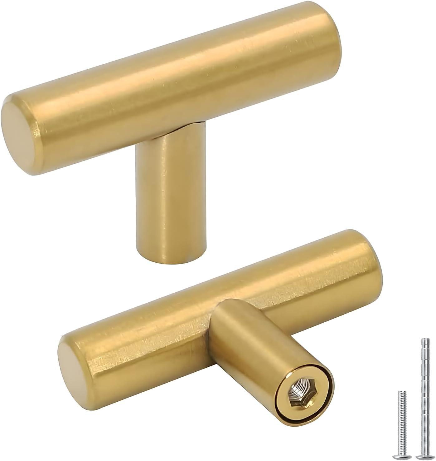 goldenwarm 10pack Brushed Brass Drawer Knobs Modern Kitchen Door Knob Cabinet T Bar Handle Pull Brushed Brass Overall Length 50mm 2in
