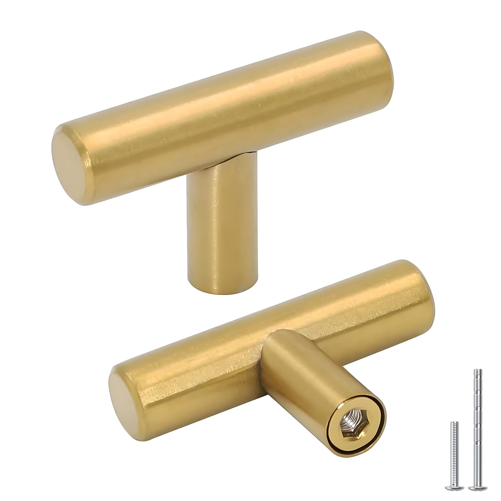 goldenwarm 10pack Brushed Brass Drawer Knobs Modern Kitchen Door Knob Cabinet T Bar Handle Pull Brushed Brass Overall Length 50mm 2in