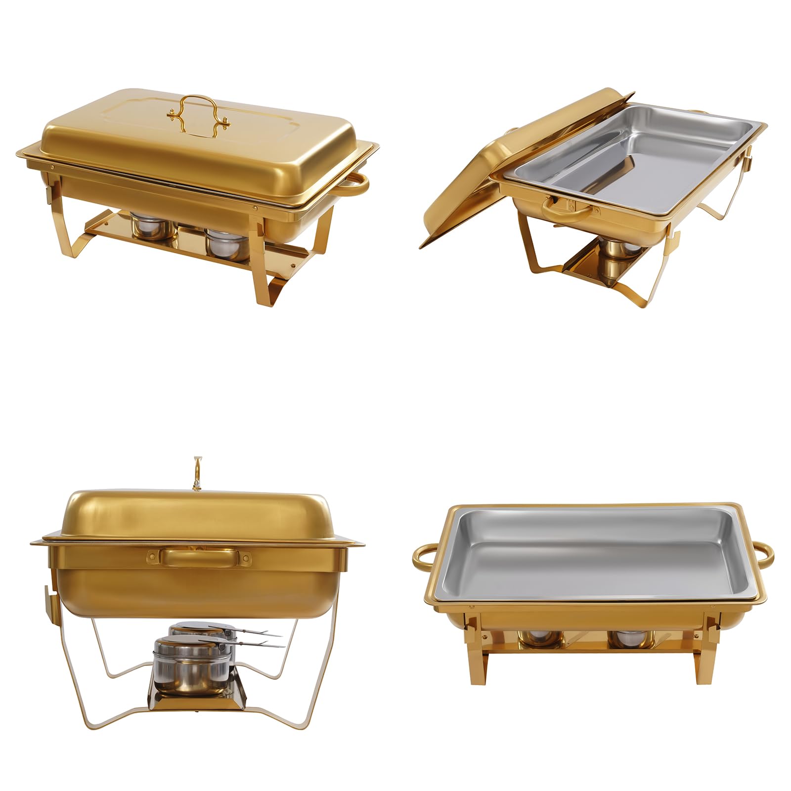 Zestaw 4 pojemników do podgrzewania Chafing Dish Golden – 7,5 l, ze stali nierdzewnej, profesjonalny zestaw wraz z 4 szczypcami do serwowania – do cateringu, bufetu, na imprezę (stal