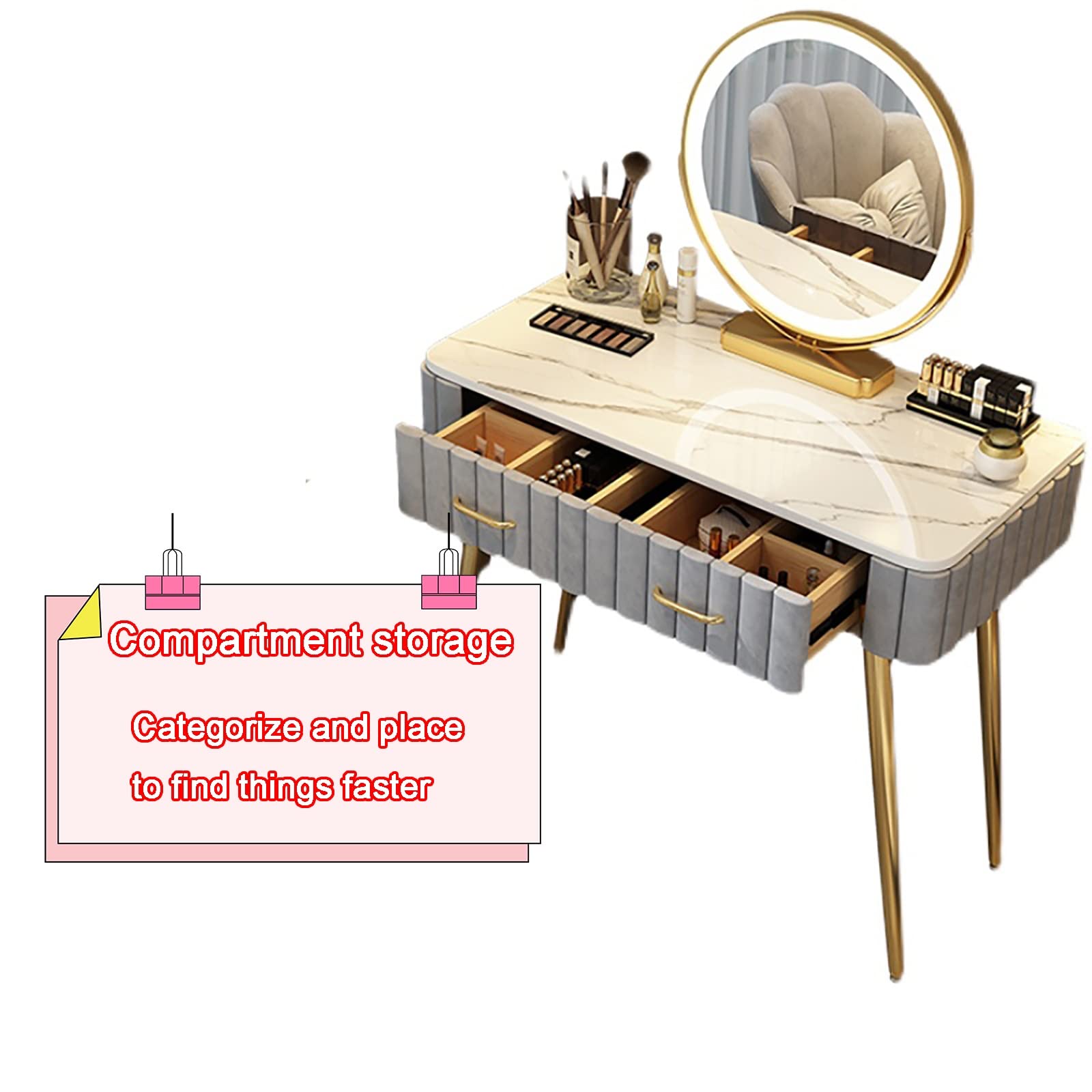 Tavolo da trucco illuminato dimmerabile con cassetto e scomparti, elegante scrivania per trucco con/senza sgabello, per camera da letto o stanza dei trucchi, design funzionale per gli amanti della