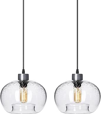 CASAMOTION Pendant Lighting Blown Glass Kitchen Island Lights Clear Bubble Brushed Nickel 9" Diam 2-Pack