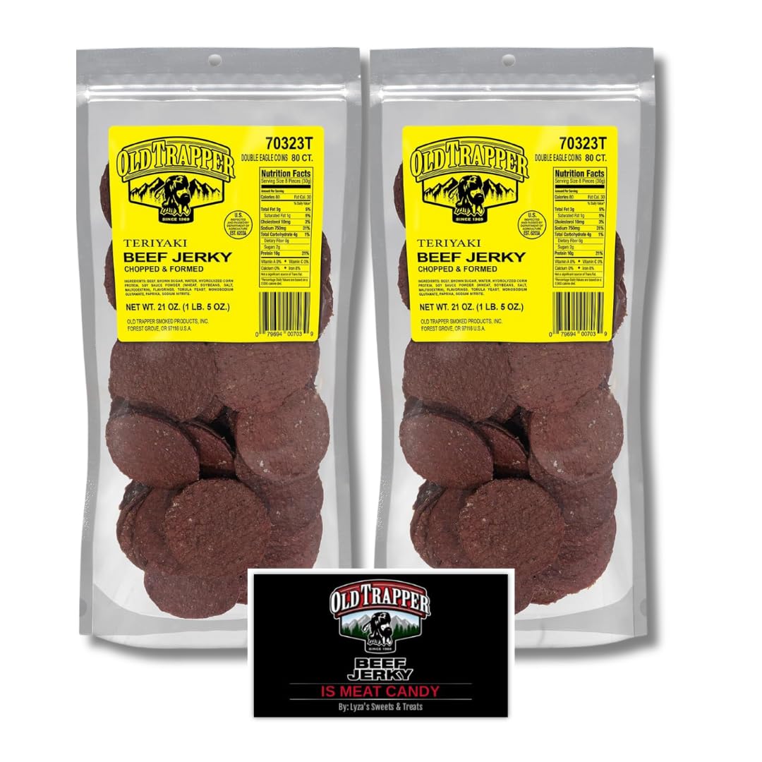Old Trapper Double Eagle Beef Jerky Gift Set - Teriyaki - Pack of 2, 21 Oz. Bags (80 Pieces Per Bag) with Bonus Old Trapper Magnet by Lyza's Sweets & Treats