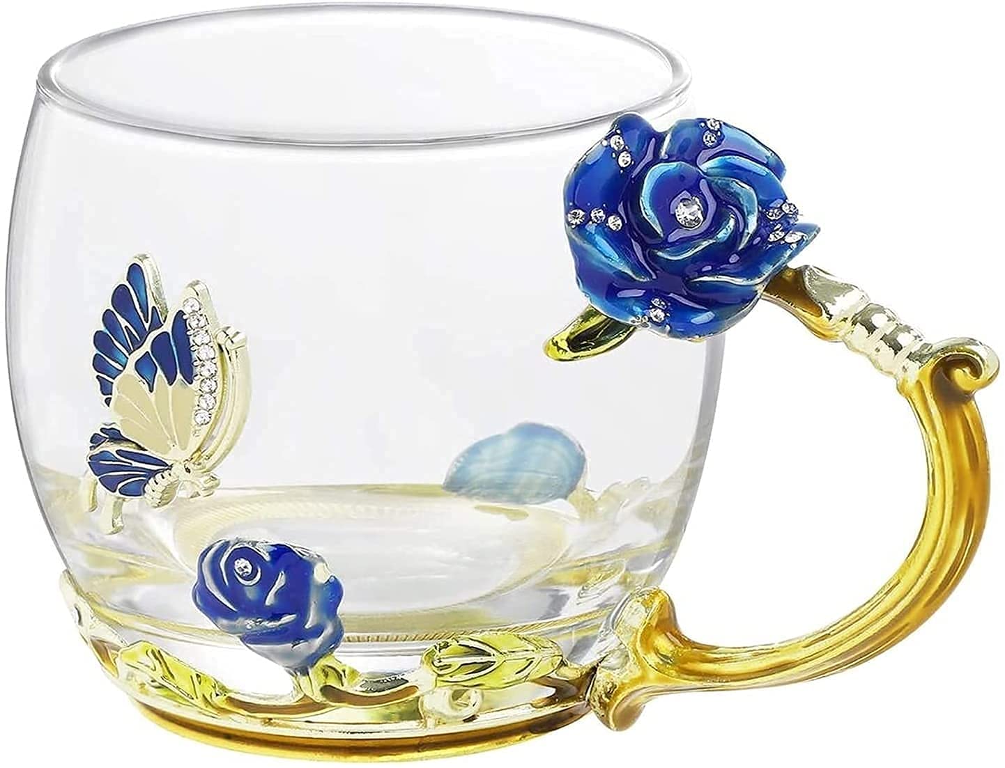 Teetassen, Emaillierte Blumen-Teeglastasse, Kaffeetasse, Glastasse, Damentasse, Blumen-Teetasse, tragbare Wassertasse for Damen, Emaille-Sonnenblumen-Glas-Teetasse, Kristallglas-Löffel-Set