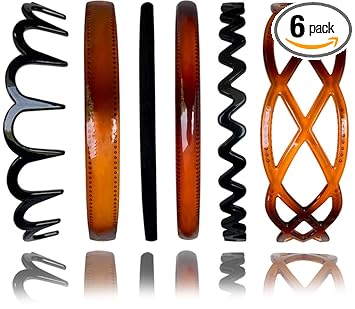 ANNACREATIONS Glossy Black Brown Plastic Teeth Comb Multi Mix Headbands DIY Hair Bands For Girls & women (Set of 6 Pcs)